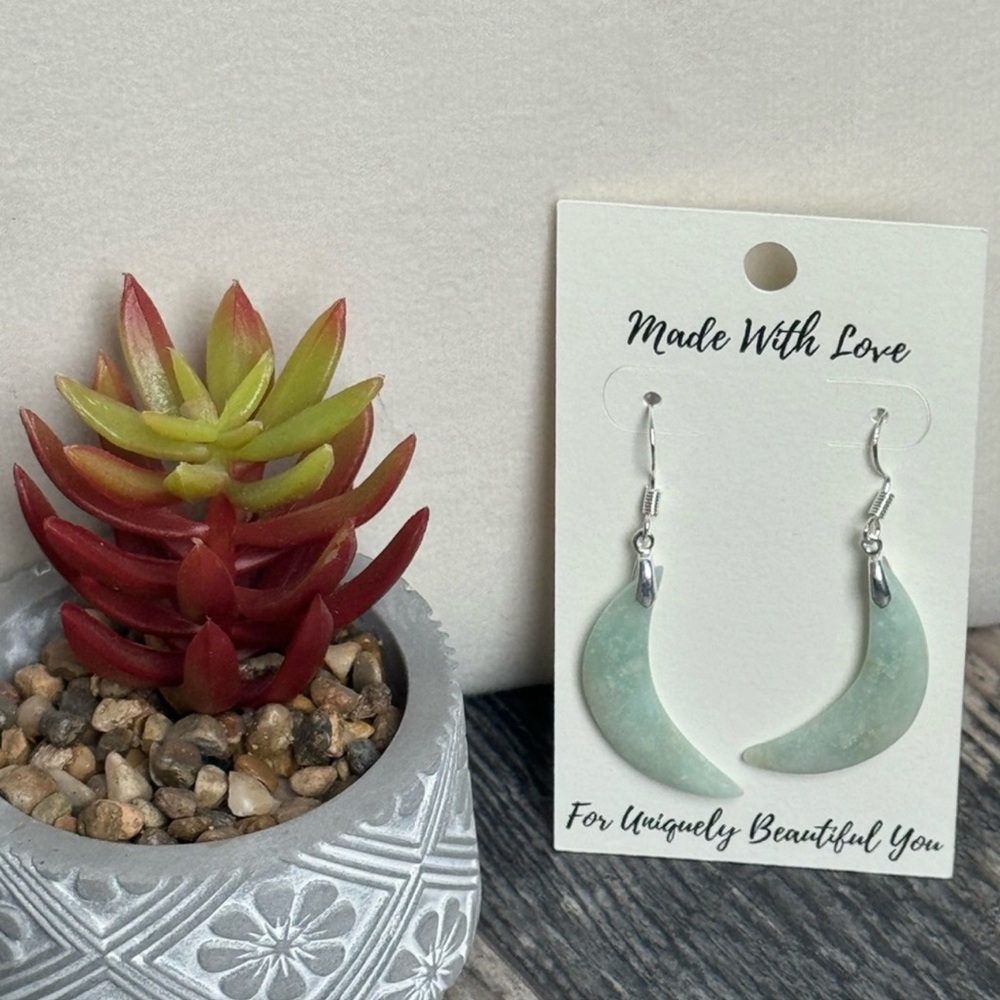 Handcrafted Green Amazonite Crescent Sterling Silver Earrings